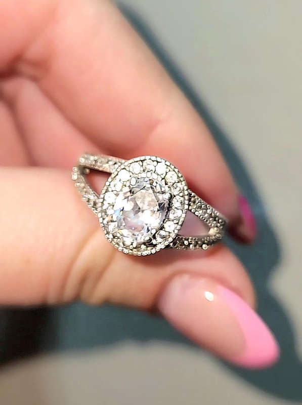 Engagement/Wedding ring, Sterling Silver, Cubic Zirconia Oval 1.5ct with Halo Stones, Size 8.5 - 9