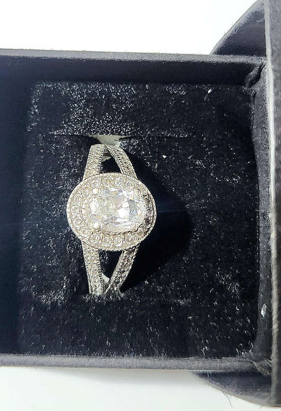 Engagement/Wedding ring, Sterling Silver, Cubic Zirconia Oval 1.5ct with Halo Stones, Size 8.5 - 9