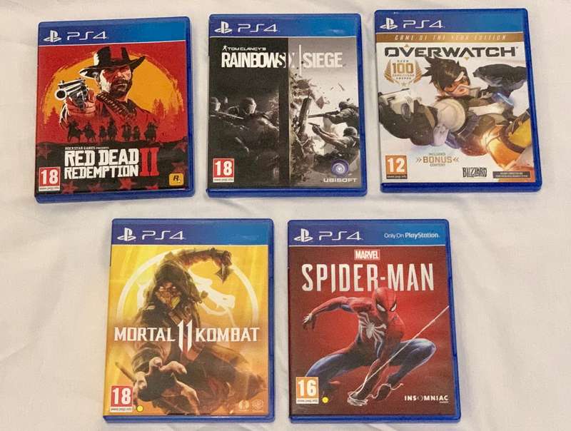 PS4 Game Bundle - Red Dead Redemption 2, Mortal Kombat 11, Rainbow Six Siege, Spider-Man, Overwatch