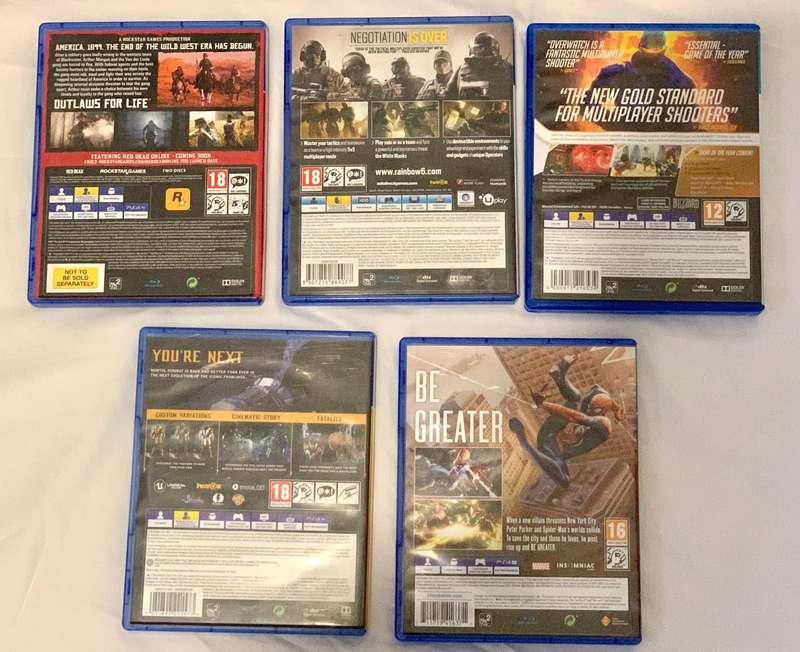 PS4 Game Bundle - Red Dead Redemption 2, Mortal Kombat 11, Rainbow Six Siege, Spider-Man, Overwatch