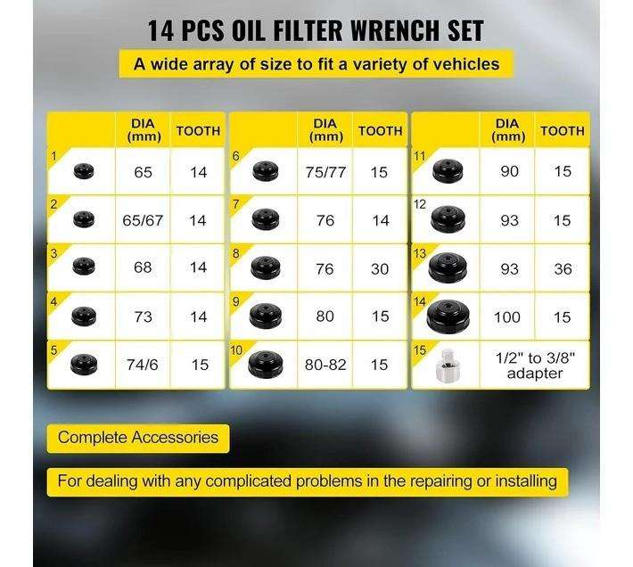 14-Piece Cup-Type Oil Filter Wrench Set  Universal Vehicle Tool Kit
