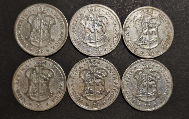 6 × 1954 Queen Elizabeth 2 Shilling Coins