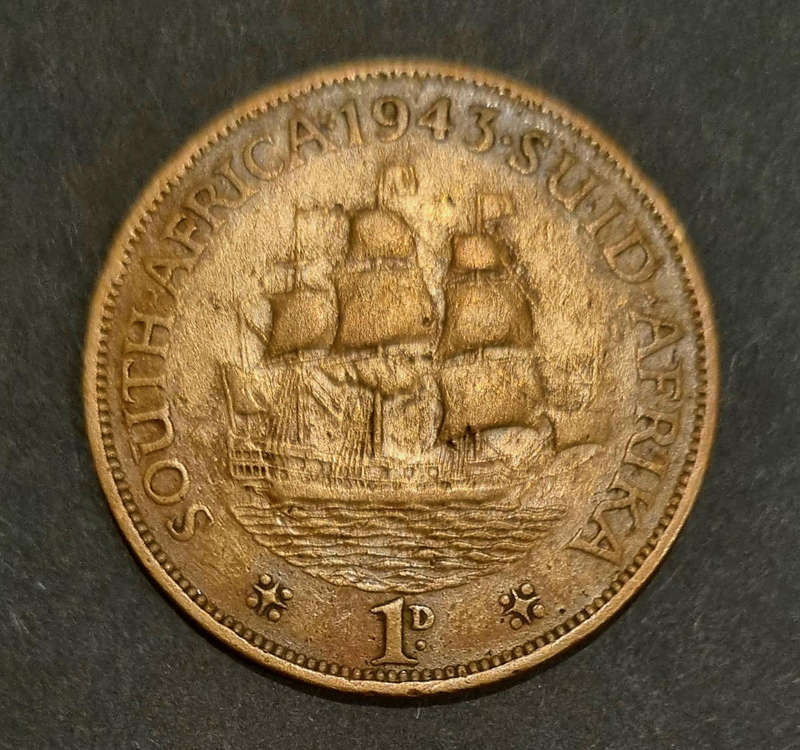  1943 South Africa 1 Penny  King George VI  Beautifully Worn Bronze Coin