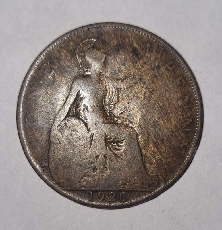 1920 Great Britain George V One Penny  Vintage Bronze Coin (Rare Collectible)