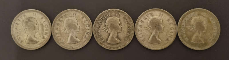 5 x 1956 South Africa 2½ Shillings  Queen Elizabeth II Silver Coins