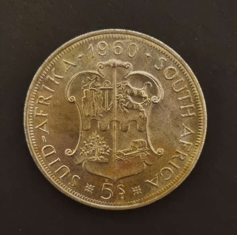 1960 South Africa 5 Shillings Silver Coin  Union Buildings Design  Slightly Tarnished