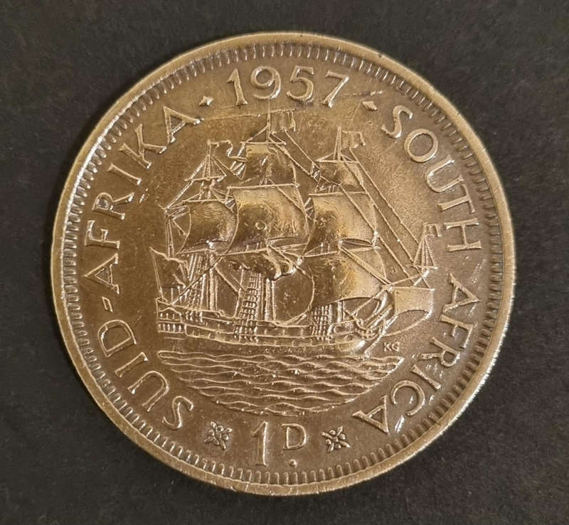 Rare 1957 South Africa 1 Penny  Elizabeth II Regina Coin  Vintage Collectors Treasure