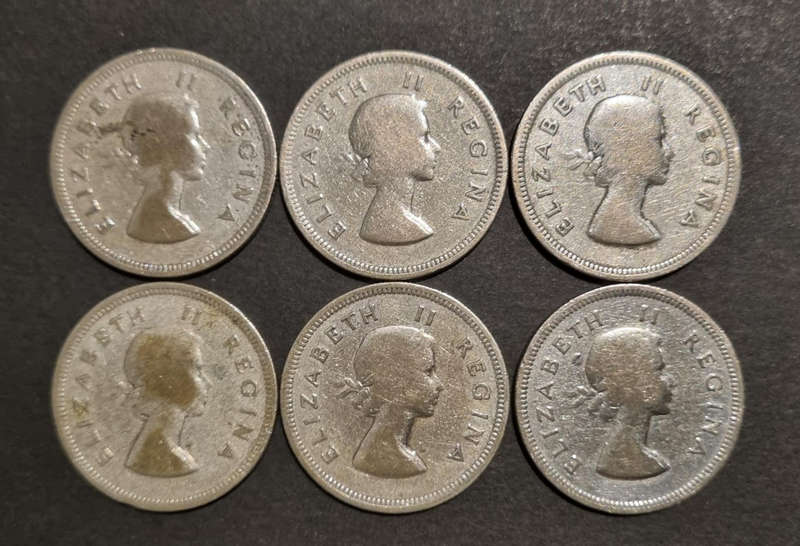 6 × 1954 Queen Elizabeth 2 Shilling Coins