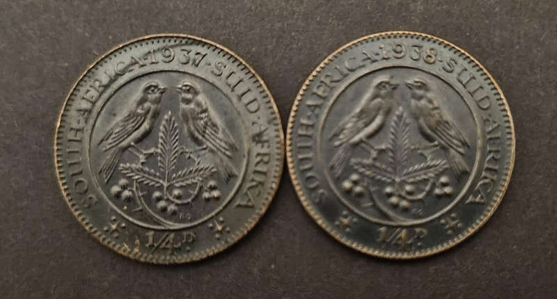  Lot of 2 Vintage ¼ Penny South African Coins  1937 & 1938  Dark & Fully Tarnished