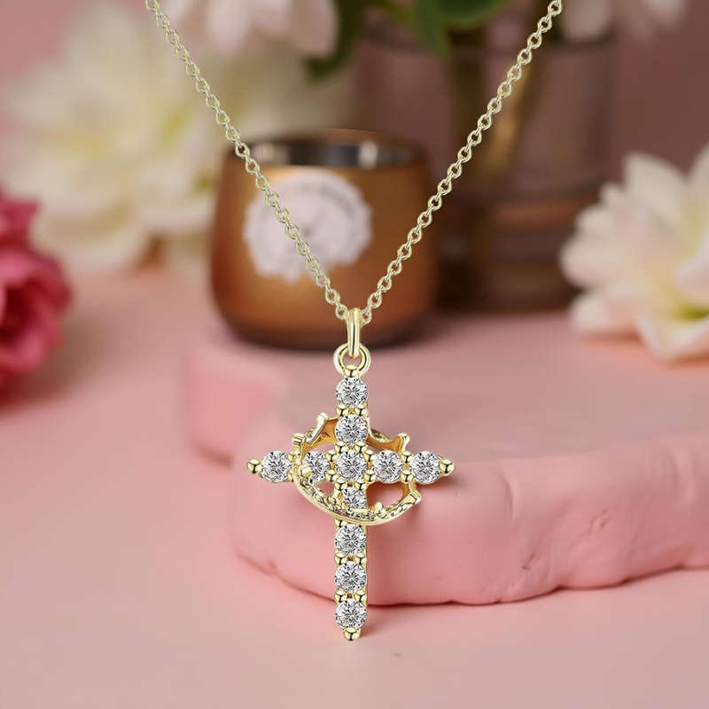 Rotating Crown Cross Sterling Silver Necklace