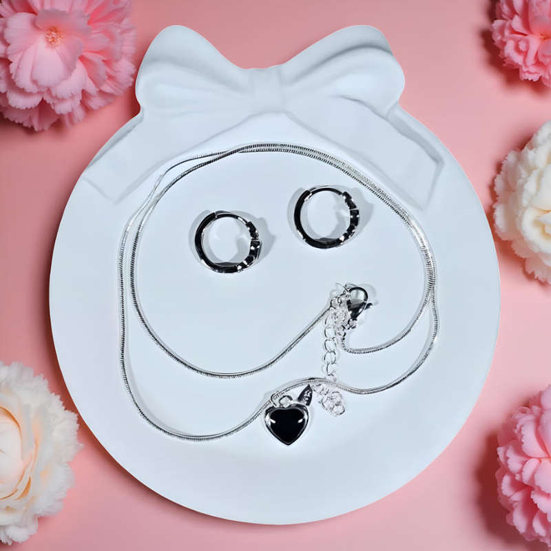Black Heart Sterling Silver Necklace & Earrings Set