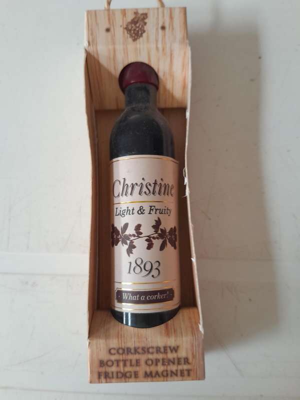Novelty Wine Bottle Corkscrew/Opener fridge magnet - Printed name Christine