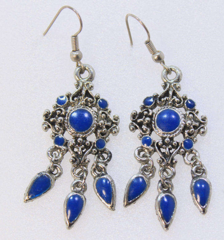 Pair of Vintage Style Beaded Drop Earrings with Blue Gem Style Insets
