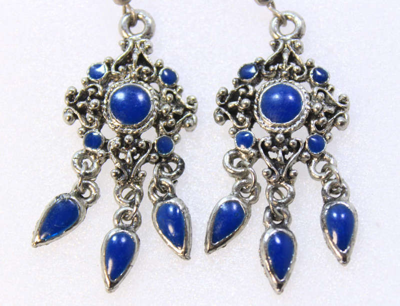 Pair of Vintage Style Beaded Drop Earrings with Blue Gem Style Insets