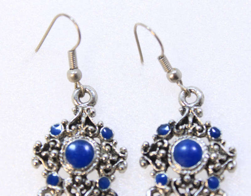 Pair of Vintage Style Beaded Drop Earrings with Blue Gem Style Insets