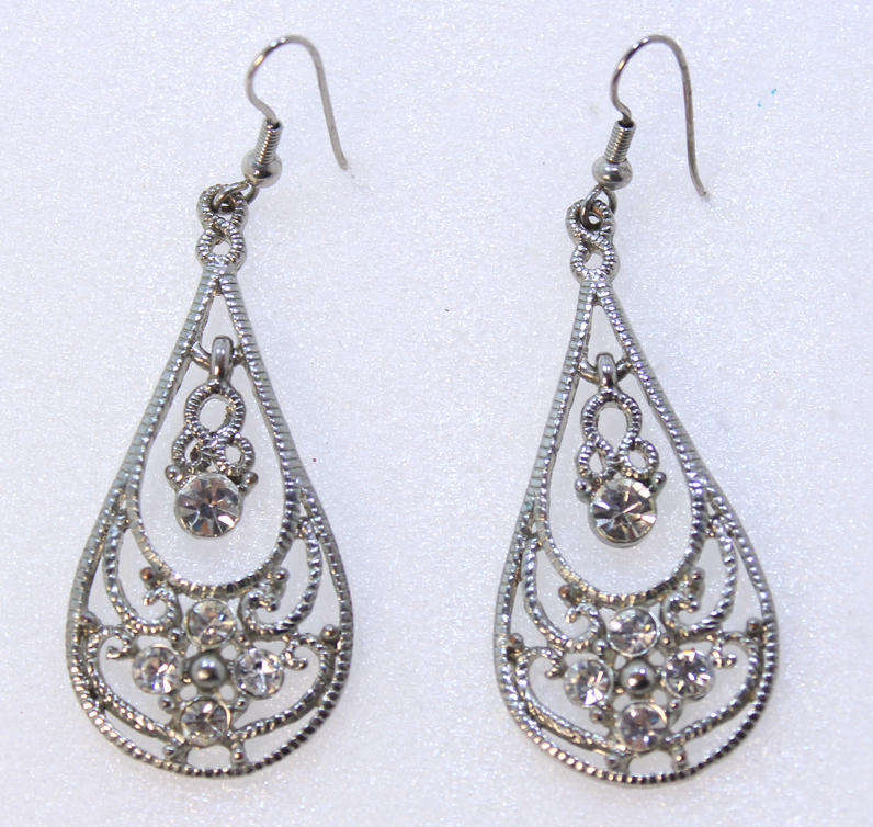 Pair of Silver and Rhinestone Gem  Tear Drop Earrings for Evening Wear