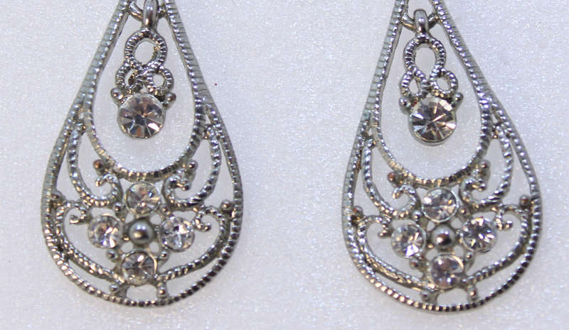 Pair of Silver and Rhinestone Gem  Tear Drop Earrings for Evening Wear