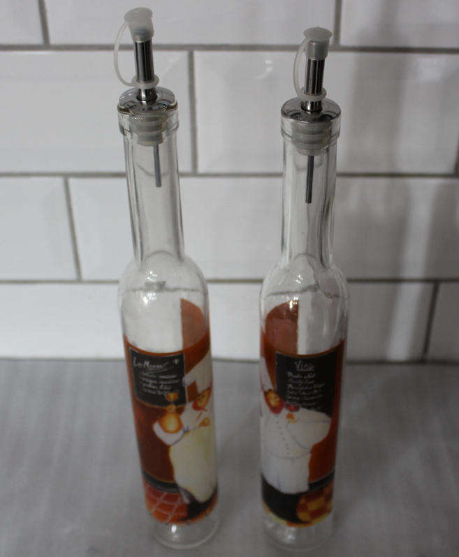 Two Tall Slim Glass Salad Dressing Bottles with Pourers