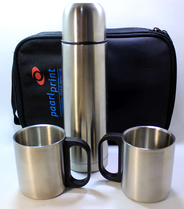 Black Travel Case with 2 Stainless Steel Mugs & Thermos