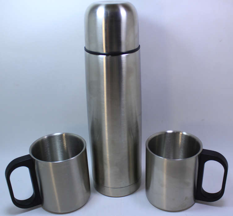 Black Travel Case with 2 Stainless Steel Mugs & Thermos