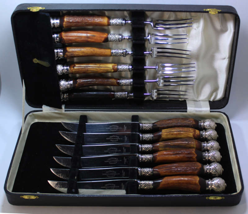Trafalgar Steak Knives & Forks by Harrison Fisher & Co, S/Steel and Horn Handles In Case