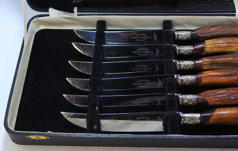 Trafalgar Steak Knives & Forks by Harrison Fisher & Co, S/Steel and Horn Handles In Case