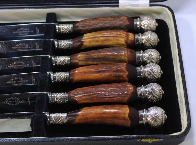 Trafalgar Steak Knives & Forks by Harrison Fisher & Co, S/Steel and Horn Handles In Case
