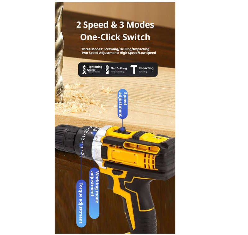 LDZ-001 21V Cordless Power Drill-2 Batteries, 25+3 Torque, 3/8" Chuck