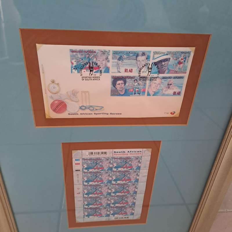Framed South African Sporting Heroes Stamp Collection