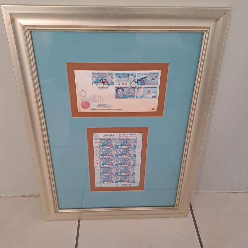 Framed South African Sporting Heroes Stamp Collection