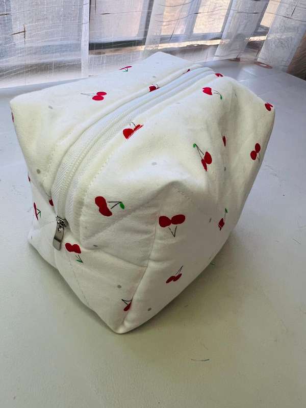 Quilted Cherry Makeup Bag | Handmade Cosmetic Pouch