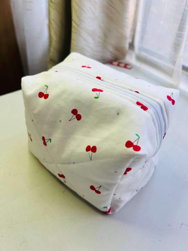 Quilted Cherry Makeup Bag | Handmade Cosmetic Pouch
