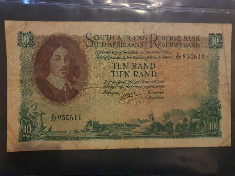 South African banknote 1961 (ND) 10 Rand, M. H. de Kock signature  Pick 107a / Hern 494