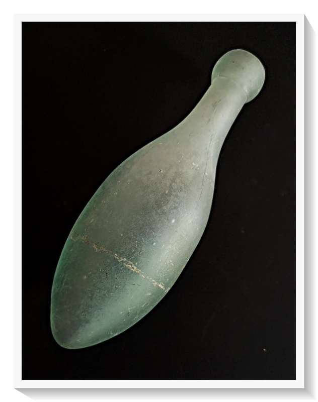 ANTIQUE TORPEDO BOTTLE GREEN GLASS WITH STUNNING IRIDESCENT OXIDIZATION in GOOD CONDITION