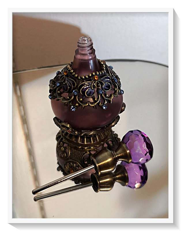 A Beautiful Little Glass and Metal Art Nouveau Styled Scent Bottle for Oil Based Perfume 90mm X 45mm