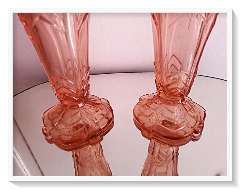 A Complimenting Pair of Vintage Art Deco Vases in Translucent Pink Glass