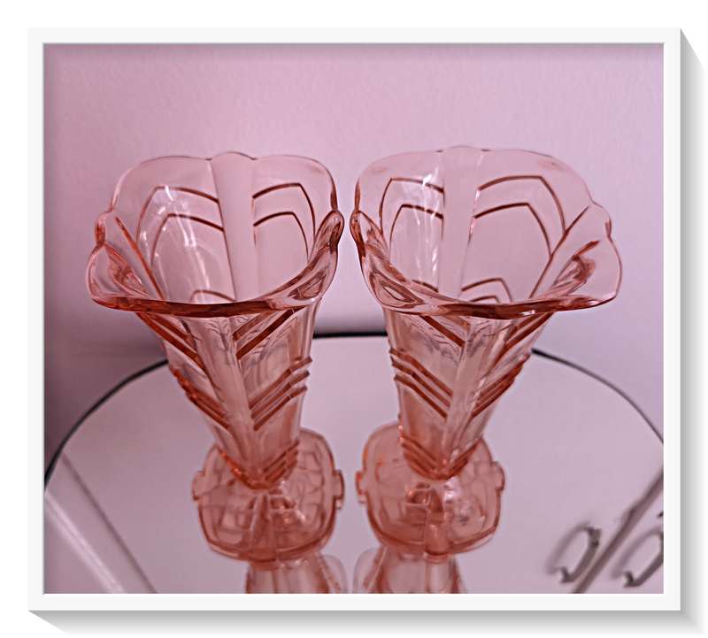 A Complimenting Pair of Vintage Art Deco Vases in Translucent Pink Glass