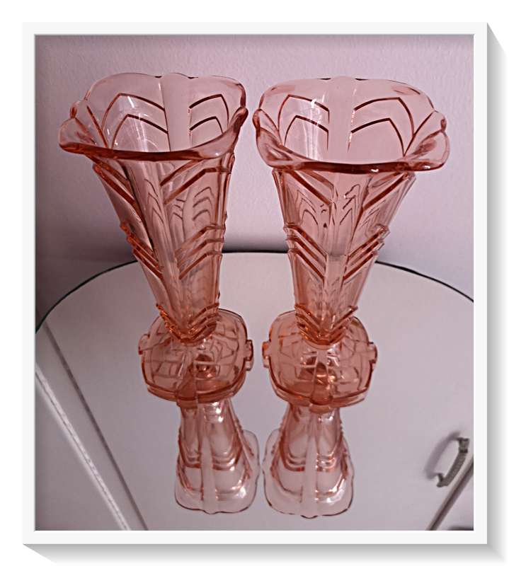 A Complimenting Pair of Vintage Art Deco Vases in Translucent Pink Glass