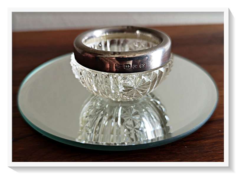 A Most Precious Little Antique Cut Glass Trinket Bowl with Sterling 925 Silver Rim