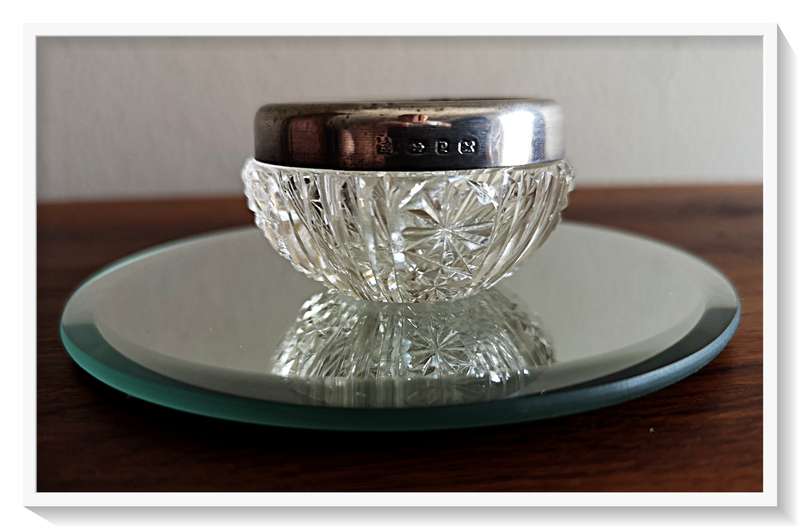 A Most Precious Little Antique Cut Glass Trinket Bowl with Sterling 925 Silver Rim