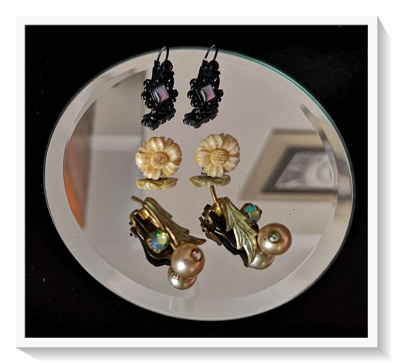 A Trio of Vintage Earrings - Bone Rose - Vintage Fashion Earrings with Faux Pearls & Black with Moon