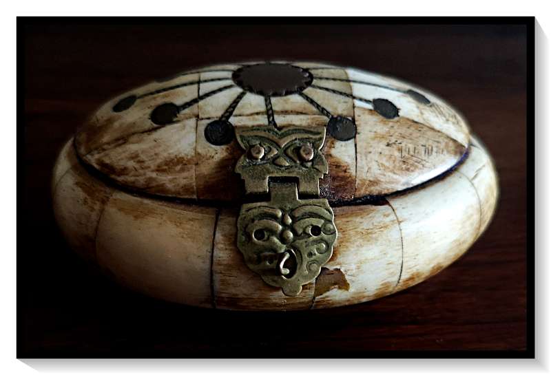 An Exceptional Camel Bone Ovel Trinket Box with Copper inlay and blue velvet interior - Beautiful*