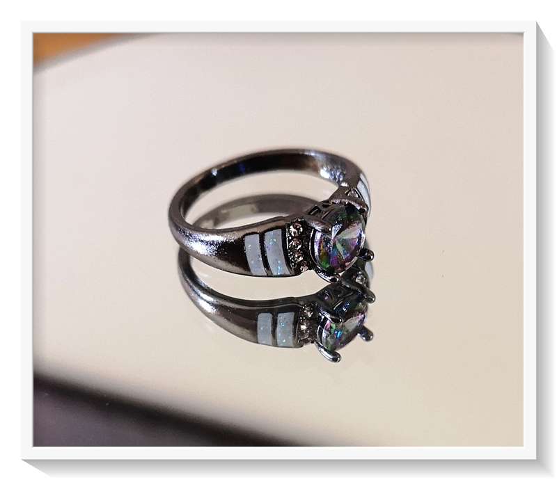 Exquisite Dress Ring with Glass Topaz and Opalescent Accents Petite Mystical and Moody Ring Size 8