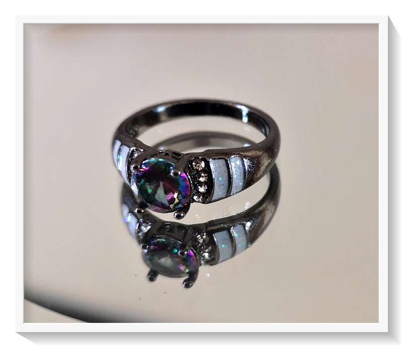 Exquisite Dress Ring with Glass Topaz and Opalescent Accents Petite Mystical and Moody Ring Size 8
