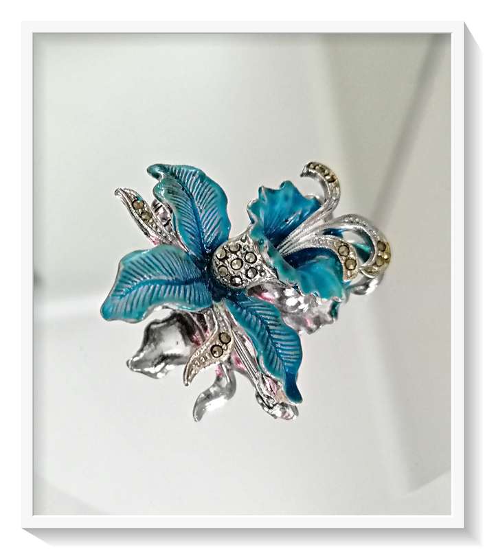 Blue Enamel Orchid Brooch with Marcasite Inlay - Pretty Dashing Brooch ****