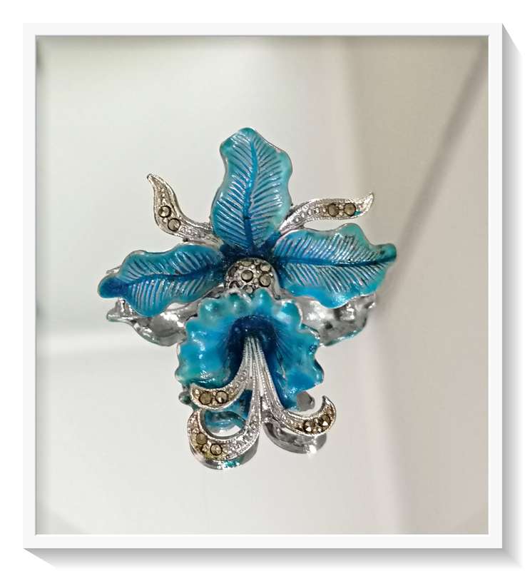 Blue Enamel Orchid Brooch with Marcasite Inlay - Pretty Dashing Brooch ****