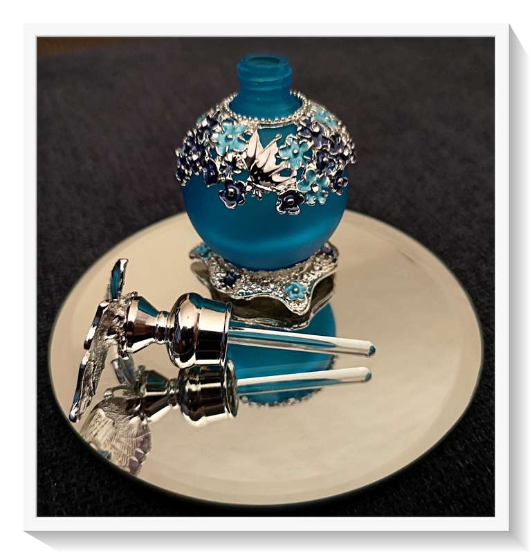 Bohemian Style Spherical Blue Glass and Metal Perfume Bottle for Oil Based Perfumes