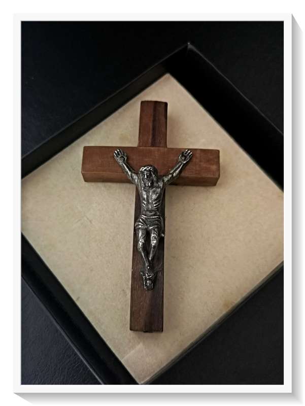Chunky Wooden Cross with Metal Christ Figure - 60MM in Length (Small)