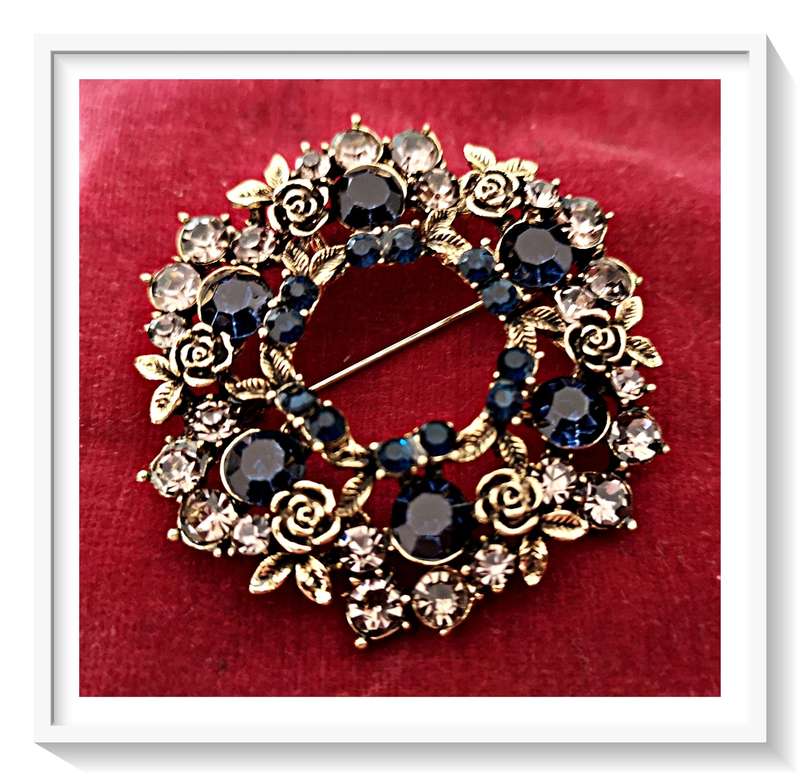 Circular Metal Flower Brooch Gold Tone with Dark Blue Rhinestones - For Her****