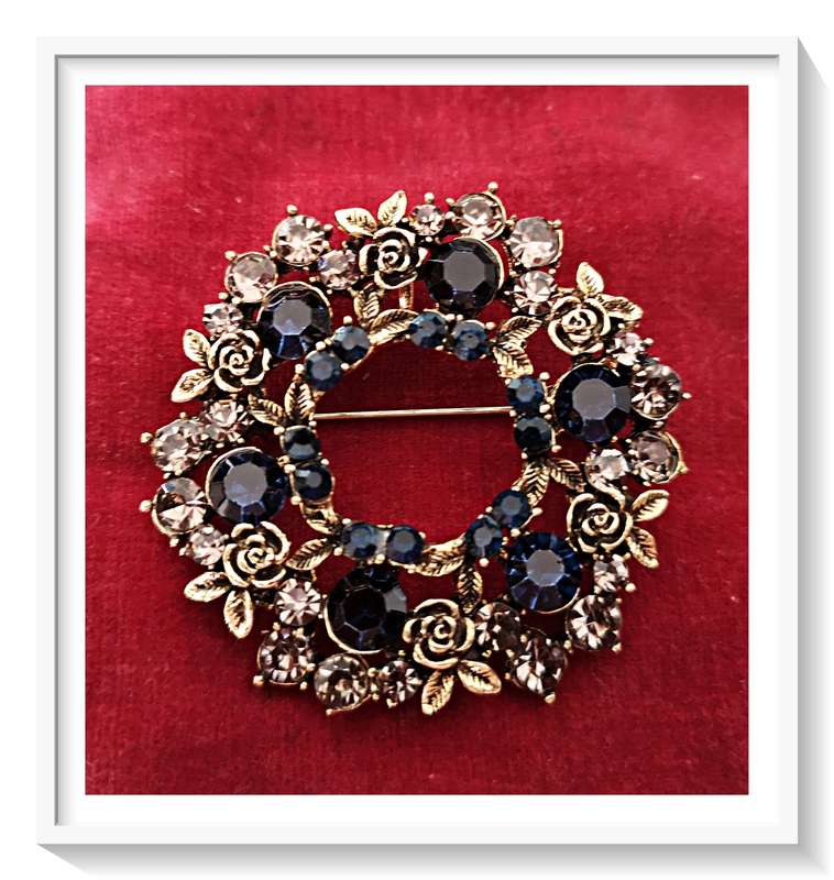 Circular Metal Flower Brooch Gold Tone with Dark Blue Rhinestones - For Her****